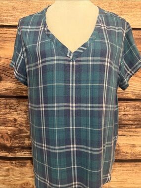 cloth & stone Teal Navy Plaid V-Neck Short Sleeve Blouse